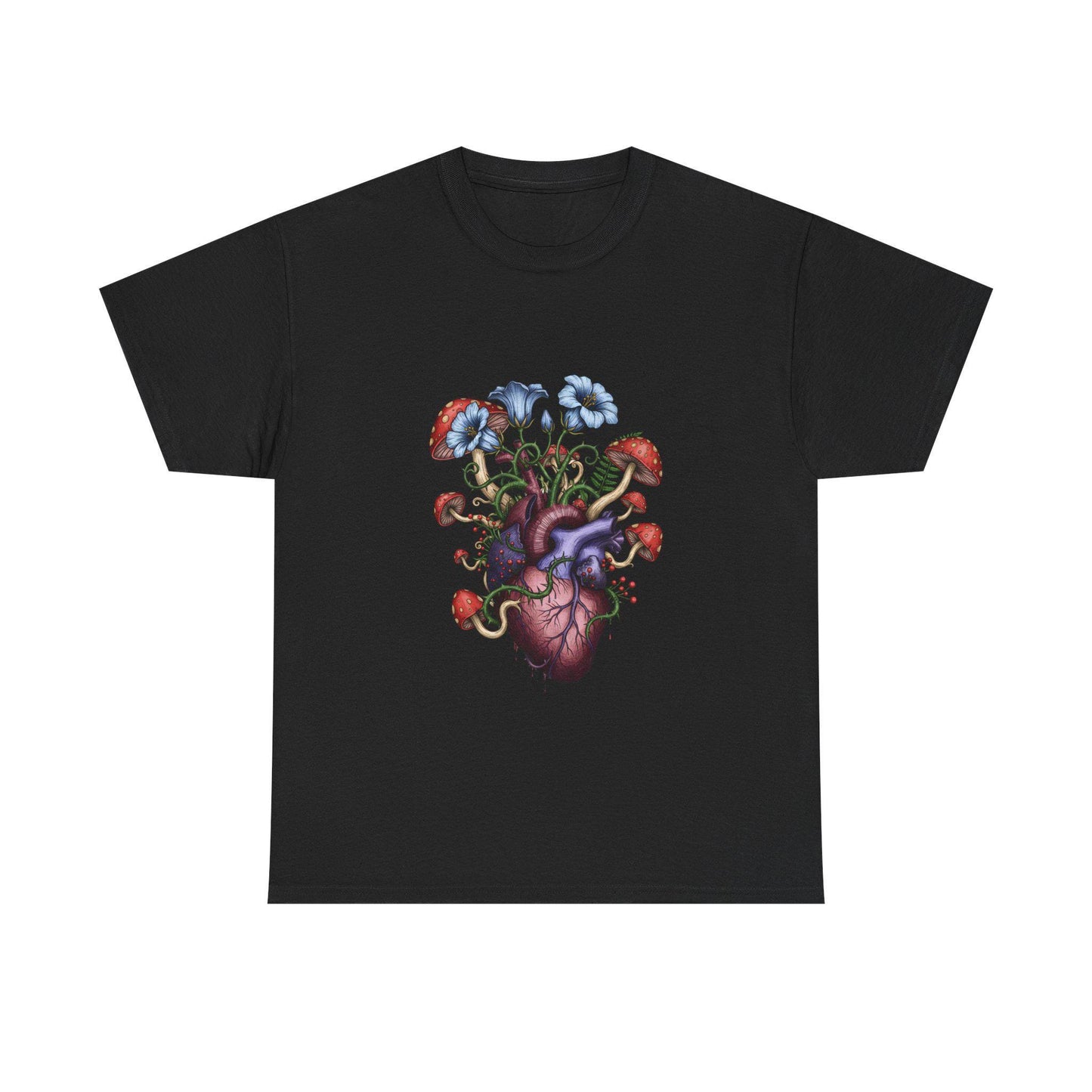 Herz-Pilz-T-Shirt | Dunkles botanisches Grafik-T-Shirt, Gothic-Natur-Shirt, Hexen-Blumenherz-Top, Unisex-Baumwoll-T-Shirt, Zauberpilz