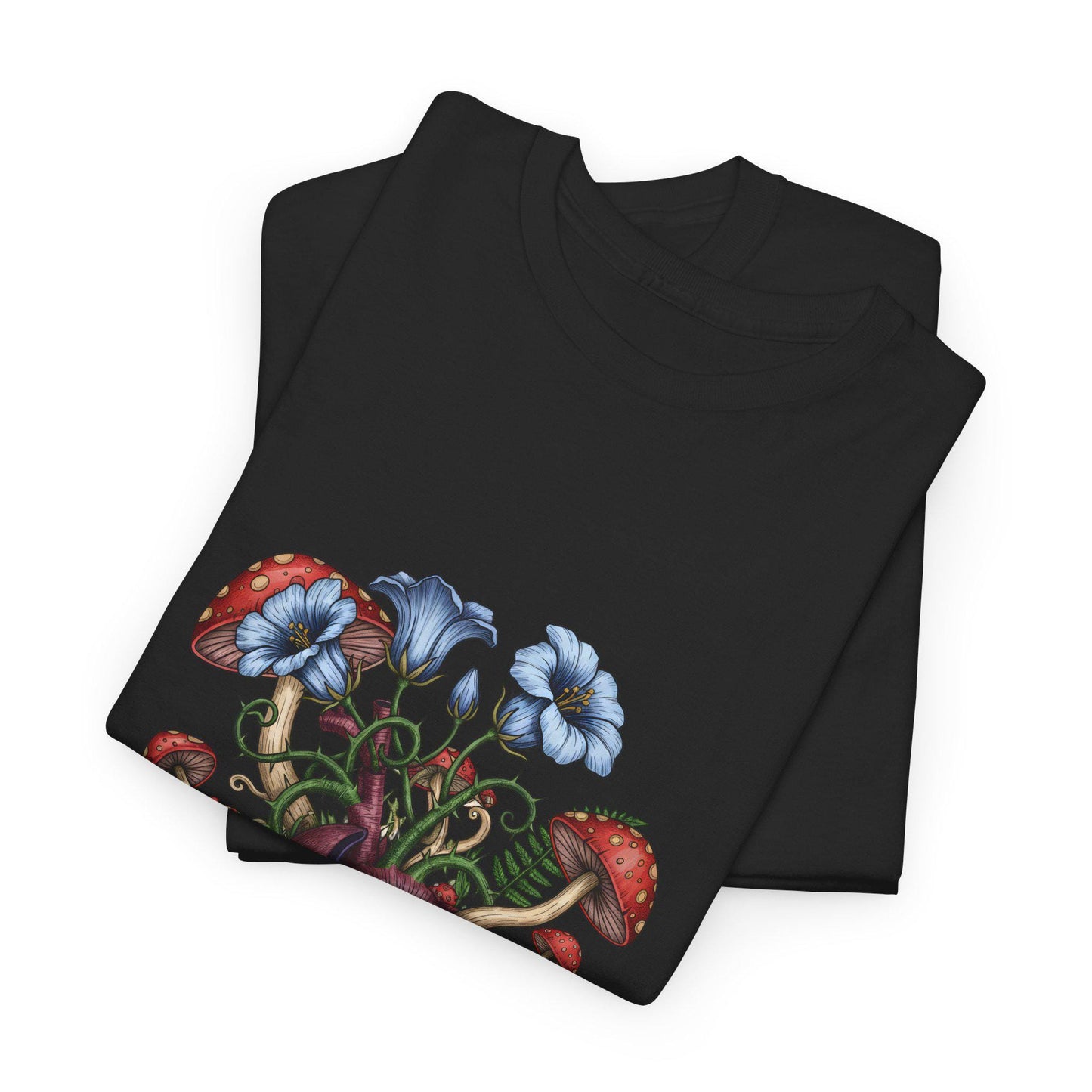 Herz-Pilz-T-Shirt | Dunkles botanisches Grafik-T-Shirt, Gothic-Natur-Shirt, Hexen-Blumenherz-Top, Unisex-Baumwoll-T-Shirt, Zauberpilz