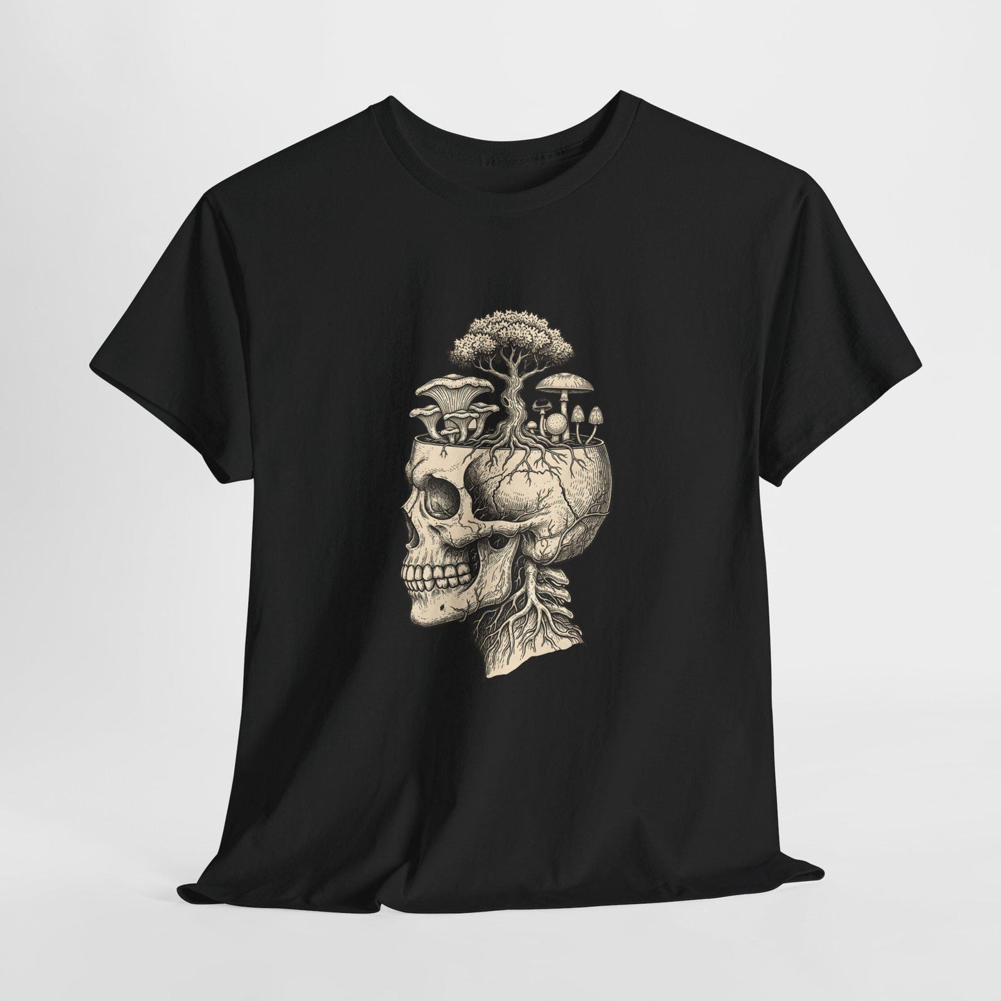 Totenkopf-Pilz-T-Shirt | Gothic-T-Shirt mit botanischem Grafikprint | Dunkles Natur-Shirt | Hexen-Totenkopf-Top | Unisex-Baumwoll-T-Shirt | Zauberpilze | Mykologie