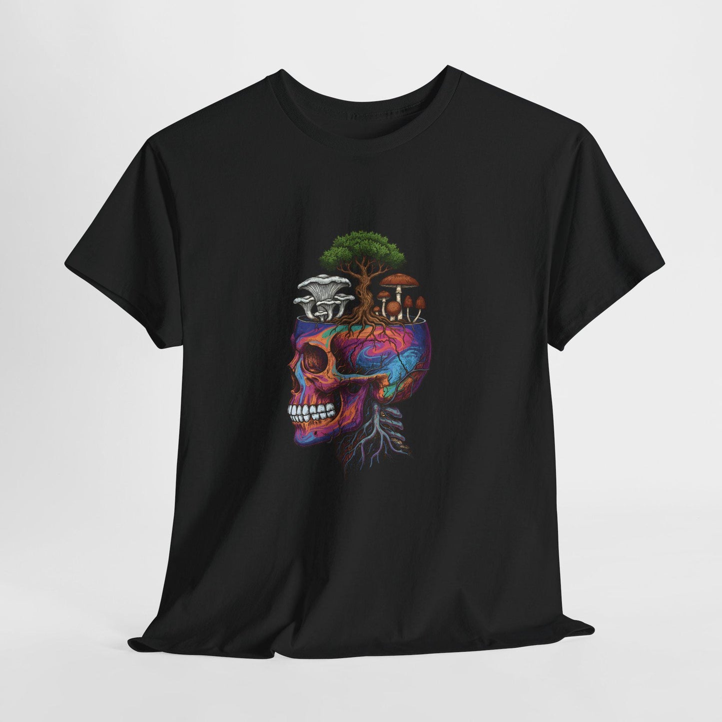 Buntes Totenkopf-Wald-T-Shirt, psychedelisches botanisches Grafik-T-Shirt, Kunst-Totenkopf-Natur-Shirt, Illustrations-Top, Unisex-Baumwoll-Pilz-T-Shirt